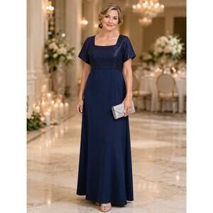 Navy Short Sleeve Maxi Dress Women's Plus Size Mother the Bride Formal Wedding